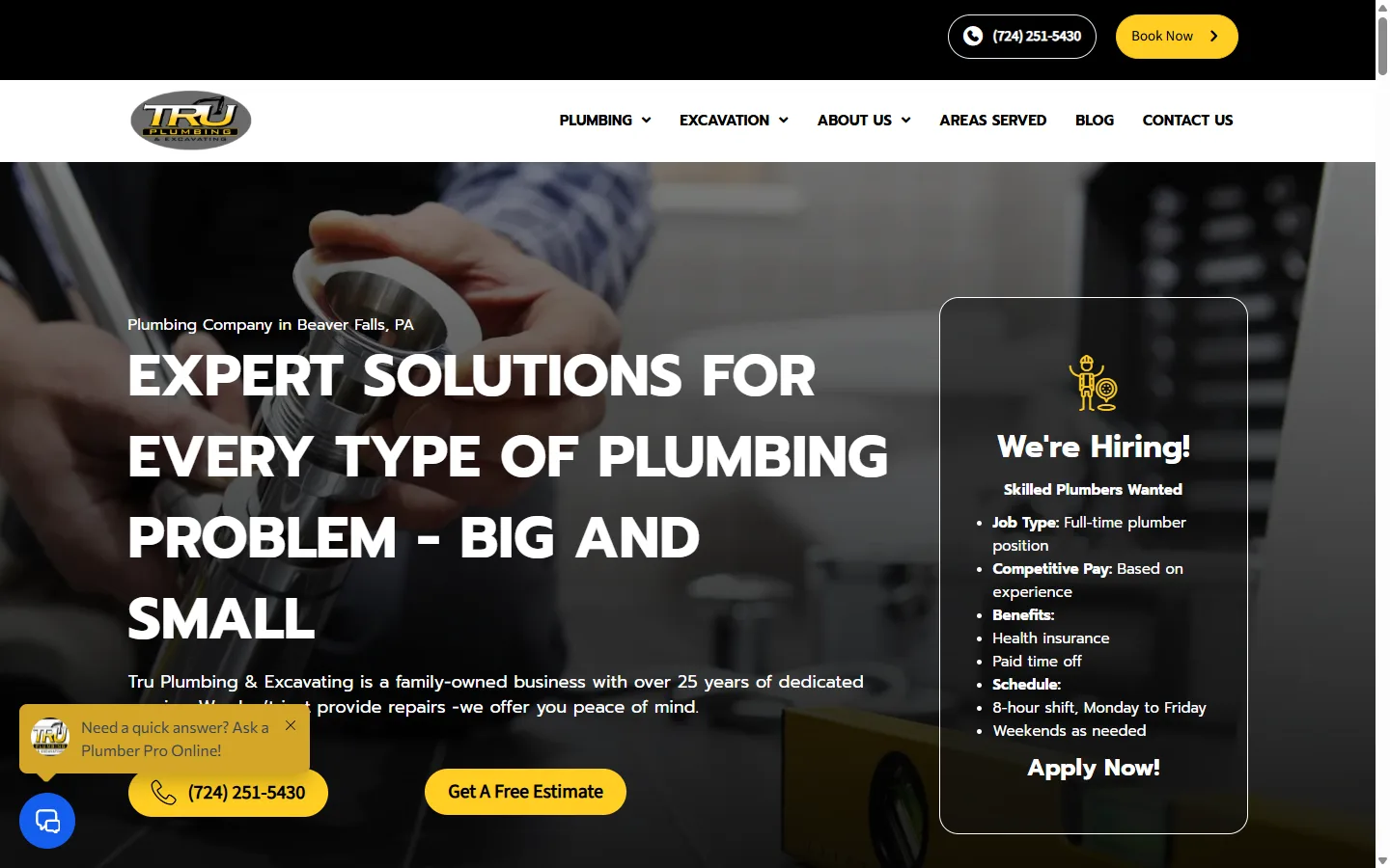 Screenshot of the Tru Plumbing and Excavating website.